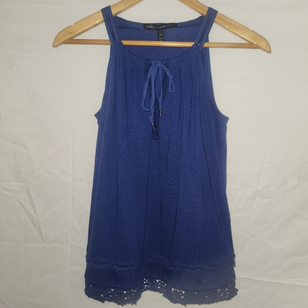 White House Black Market Blue Sleeveless Crochet Top, Women XS, Navy, Tie Front